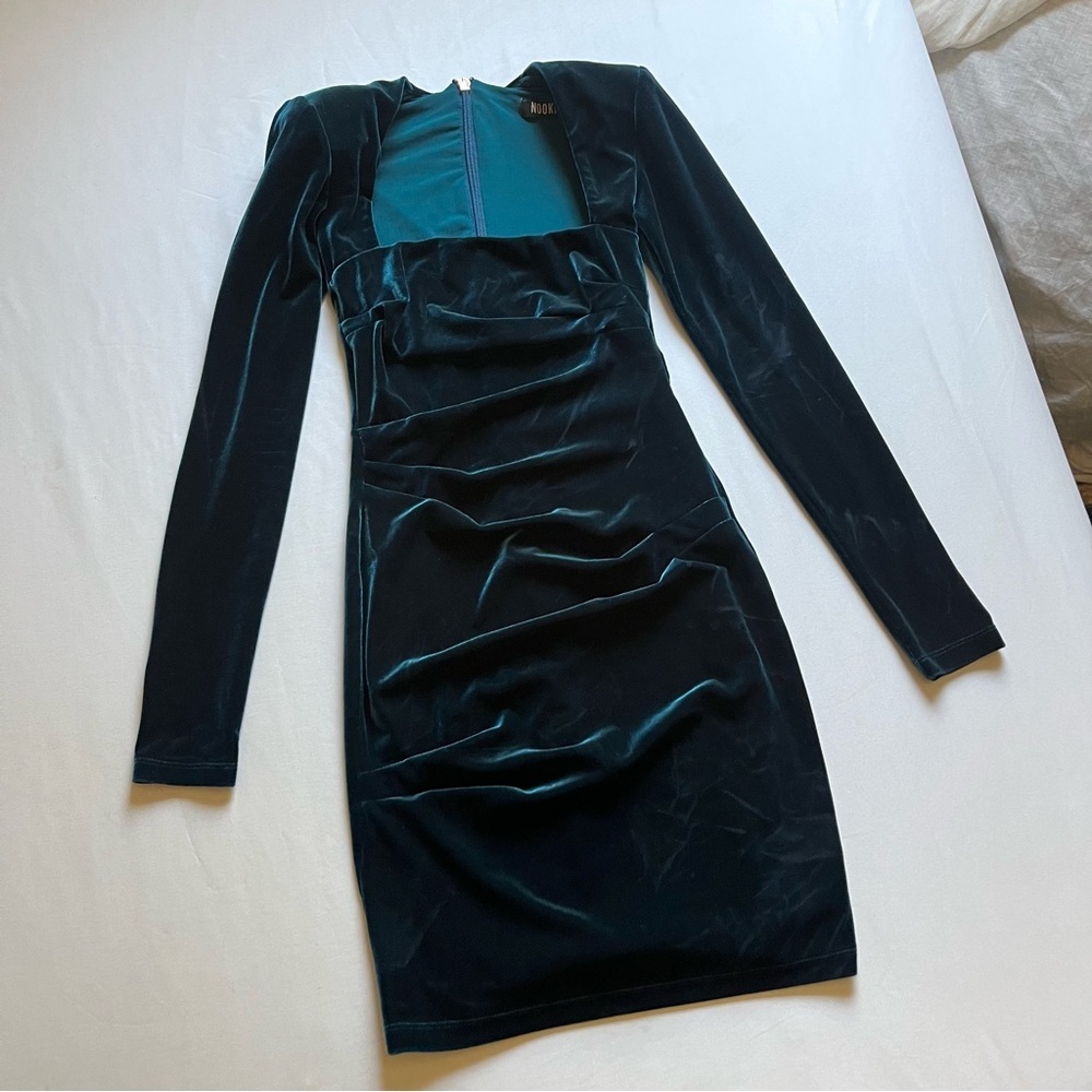 NOOKIE blue green teal‎ velvet knit square neck velvet bodycon mini dress